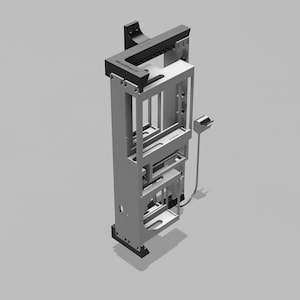 May include: A 3D-rendered, vertical, silver-colored metal structure with a black top and base. The structure has multiple rectangular openings and a plug-in cord. The text "Mountings.nl" is visible on the top. The design appears to be for mounting or housing electronic components.