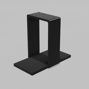 May include: A black metal bracket with a rectangular base and a U-shaped upright section. The top of the upright section has four holes. The bracket is designed to support a structure.