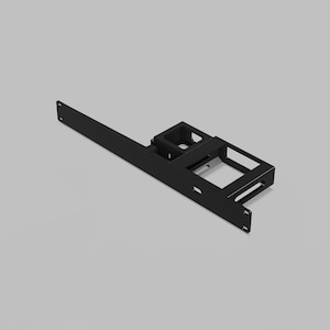 May include: A black metal bracket with a rectangular arm and a series of square and rectangular openings. The bracket has a box-like structure with additional cutouts and mounting holes. The object is set against a light gray background.