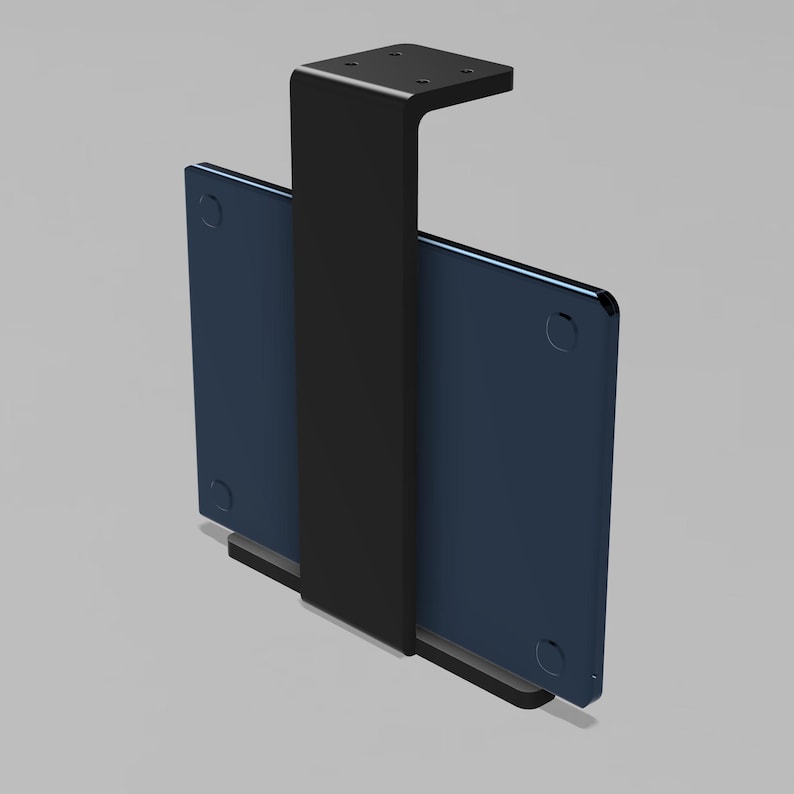 May include: A black metal bracket designed to hold two blue rectangular objects. The bracket has a right-angle shape with a mounting plate at the top and a vertical support. The blue objects are held in place by the bracket.
