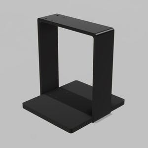 May include: A matte black metal stand featuring a flat square base and a tall, inverted U-shaped frame. The top horizontal bar of the frame includes four small, evenly spaced circular holes, providing a clear view of the structural design.