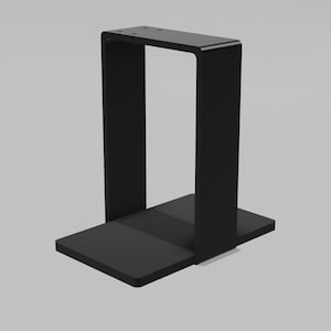 May include: A matte black metal stand featuring a flat rectangular base and a tall, inverted U-shaped frame. The top horizontal section of the frame includes four small, evenly spaced circular holes for mounting or attachment purposes.
