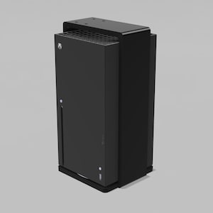 May include: A black Xbox Series X console with a matching black stand. The console is rectangular with a vertical design. The stand has a curved top and a base that the console sits on. The Xbox logo is visible on the front.