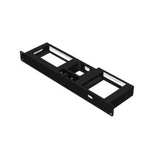 May include: A black rectangular metal frame with multiple cut-out sections. The frame has a series of rectangular and square openings, with a few white accents. The frame has mounting holes on each end.