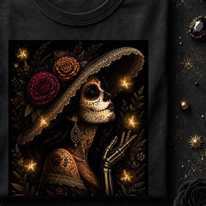 Peut inclure: Un t-shirt noir avec une impression graphique représentant un personnage au maquillage facial squelettique, portant un chapeau à larges bords orné de fleurs rouges et orange. Le personnage est entouré de lumières dorées et de motifs botaniques.