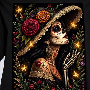 Camiseta de La Catrina soplando deseos con diente de león, regalo del Día de los Muertos, camiseta con estampado de calavera de azúcar, camisa gótica floral