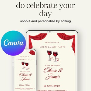 May include: Digital engagement party invitation on a tablet and smartphone. The invitation features red curtains, two wine glasses, and the names Olivia & Jamie. The Canva logo is in the upper left corner. The text reads "do celebrate your day".