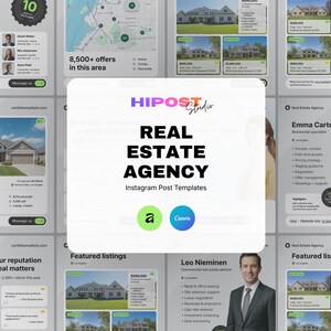 Könnte beinhalten: Instagram-Postvorlagen für ein Immobilienbüro mit Bildern von Häusern, Agentenprofilen und Statistiken. Die zentrale Grafik lautet "REAL ESTATE AGENCY" mit dem Logo "HIPOST Studio".