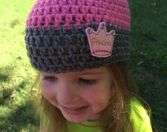 Pink Grey Crochet Hat With Princess Crown Feltie Accents- Crochet Warm Soft Beanie Photo Prop -Ready to Ship