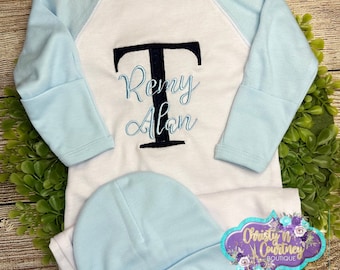 Baby Gown, Baby Layette Gown, Baby Boy  Gown Coming Home Outfit, Baby Shower Gift, Monogram Baby Gown, Personalized Baby Boy Gown