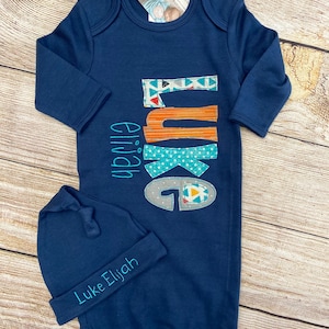 Personalized Baby Gown and Hat Set, Baby Boy Coming Home Outfit, Newborn Coming Home Outfit, Personalized Newborn Outfit, Bring Home Outfit