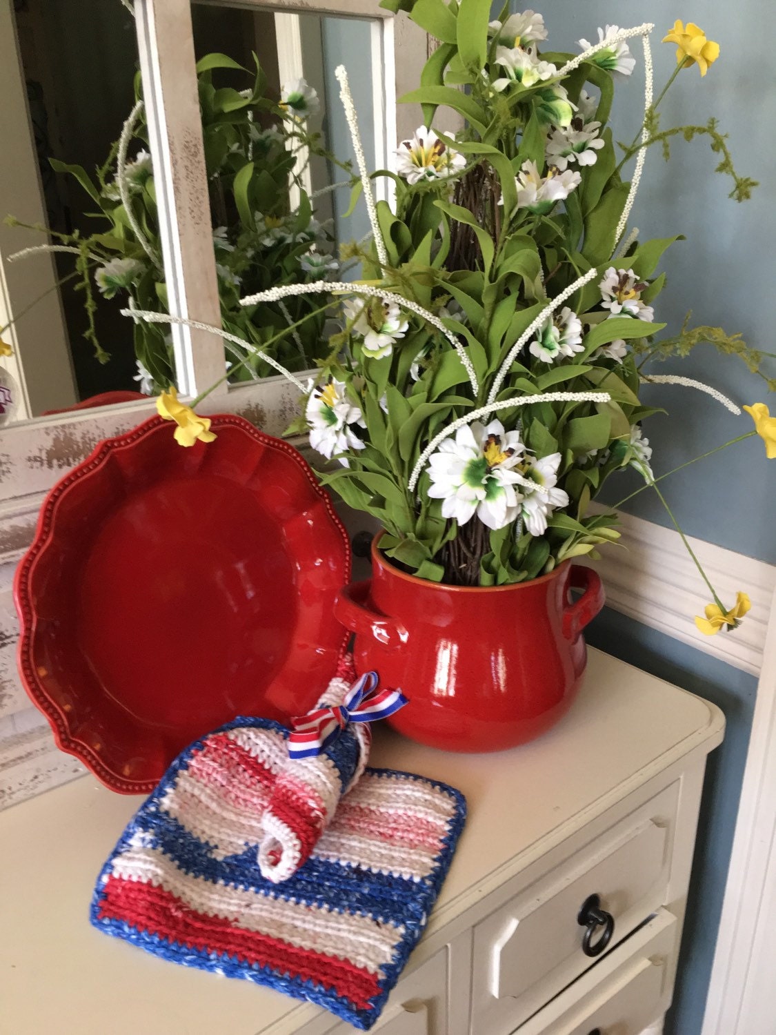 Crochet Kitchen Dishcloths Cotton Red White Blue Set of 2 Etsy