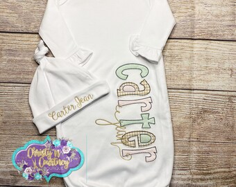 Personalized Baby Gown HatBurp Cloth,  Baby Coming Home Outfit, Personalized, Applique,  Take Me Home Outfit, Baby Shower Gift, Bring Home