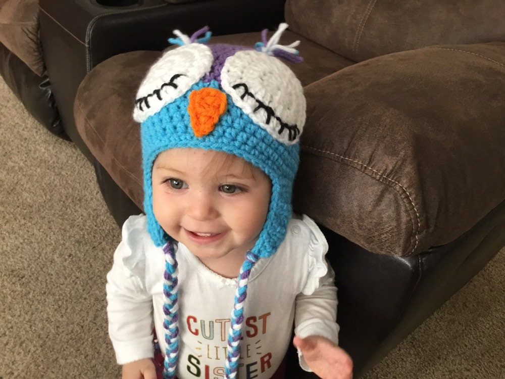 Blue Purple Owl Hat - Crochet Owl Hat - Crochet Baby Hat - Crochet Baby Cap - Baby Bonnet - Owl Cap 