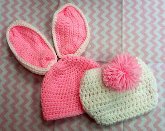 Pink and White Bunny Outfit - Photography Prop - Crochet Bunny Hat - Newborn Bunny Easter Set - Easter Rabbit Hat - Baby Boy