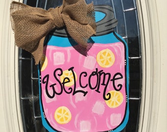 mason jar door hanger, door sign, front door decoration, summer door hanger, front door decor, Mason Jar Burlap Door Hanger, Pink Lemonade