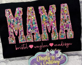 Sparkle Custom Name Shirt, Personalized Mom Shirt, Mom Shirt with Kids Names, Mothers Day Shirt, Mama Shirt, Sequin Apiique, Mama Tee, Mama