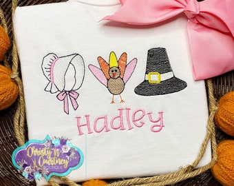 Girls Bonnet Turkey Pilgrim Hat Shirt, Thanksgiving, Personalized Thanksgiving Trio, First Thanksgiving, Thanksgiving Monogrammed Embroidery