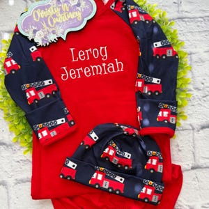 Newborn Baby Boy Gown and Hat Set, Firetruck Outfit, Firetruck Baby Gown and Hat, Personalized with Name, Firetrucks, Coming Home Outfit