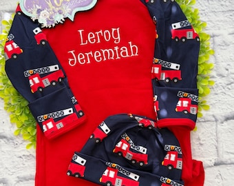 Newborn Baby Boy Gown and Hat Set, Firetruck Outfit, Firetruck Baby Gown and Hat, Personalized with Name, Firetrucks, Coming Home Outfit