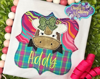 Cow Girl’s Shirt, Cow with Bow, Cow Shirt for Girl’s, Girly Cow, Girl Cow Shirt, Farm Shirt, Appliqué Cow Shirt with Name, Personalized