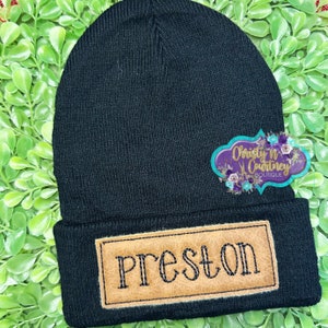 Gorro con parche, personalizado, para bebés, niños pequeños, jóvenes, bebés y recién nacidos, holgado, con nombre personalizado y parche de cuero.