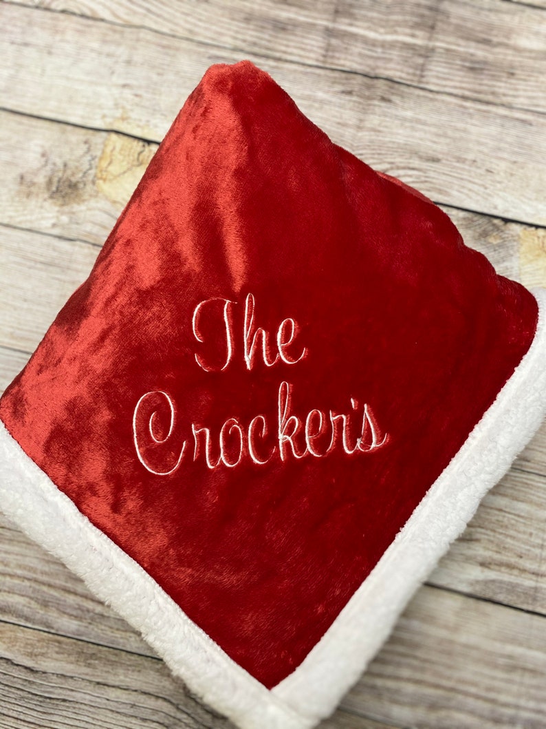 Red With White Sherpa Edge Throw Blanket Embroidered Blanket Etsy