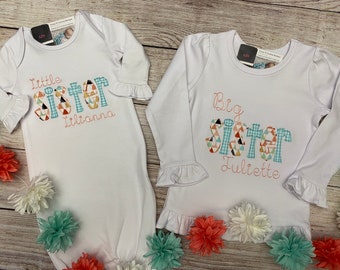 Sibling Shirts, Monogrammed, Personalized Sibling Outfits, Big Brother Shirt, Big Sister Shirt, Little Brother Shirt Gown, Siblings