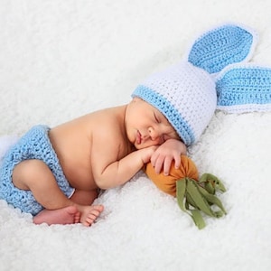 Blue and White Bunny Outfit - Photography Prop - Crochet Bunny Hat - Newborn Bunny Easter Set - Easter Rabbit Hat - Baby Boy