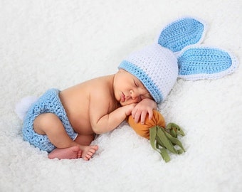 Blue and White Bunny Outfit - Photography Prop - Crochet Bunny Hat - Newborn Bunny Easter Set - Easter Rabbit Hat - Baby Boy