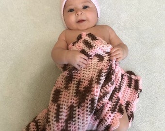 Pink Brown Baby Blanket, Pink Baby Blanket, Crochet Baby Blanket, Pink Crochet Afghan,  Baby Afghan Pink Brown Blanket Handmade
