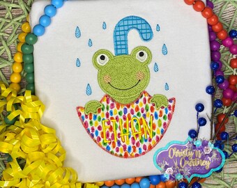 Boys Frog Shirt, Embroidery Kids T-shirt,  Personalized Spring Shirt, Spring Shirt, Hop Shirt, Frog in Umbrella, Spring Shirt, Rainy Day