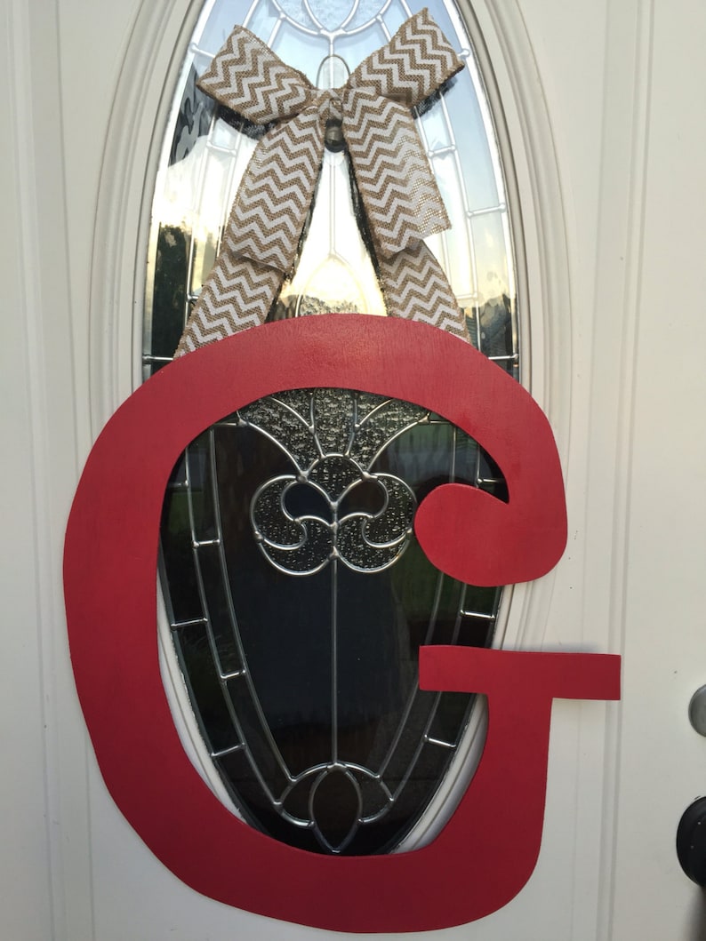 Made To Order Wreath Monogram Door Hanger Red Black Chevron Burlap White Letter Jolash Pl