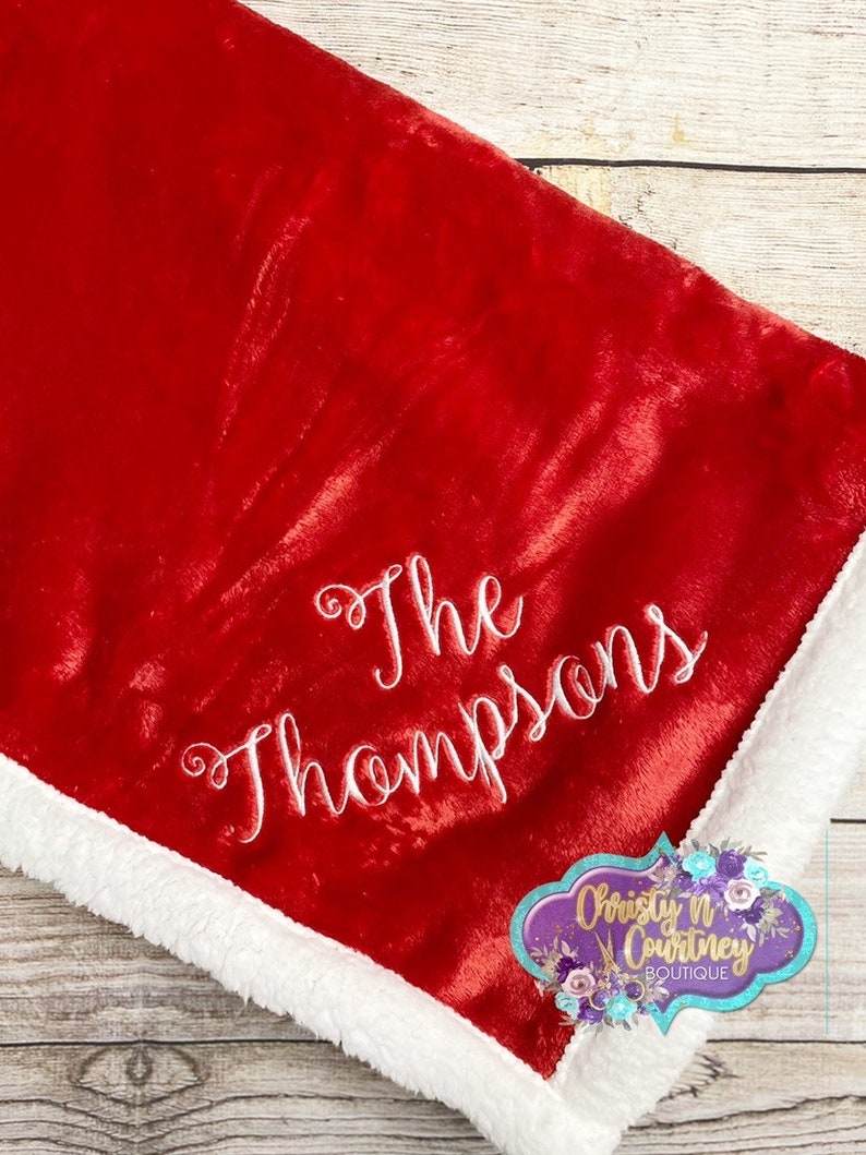 Red With White Sherpa Edge Throw Blanket Embroidered Blanket Etsy
