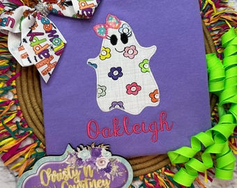 Groovy Ghost with Flowers Halloween Shirt, Personalized Appliqué Ghost Shirt, Fall Appliqué Shirt, Halloween Shirt, Personalized Fall Shirt