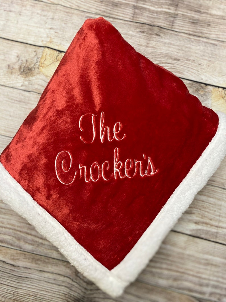 Red With White Sherpa Edge Throw Blanket Embroidered Blanket Etsy