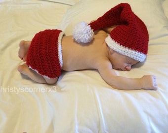 Santa Claus Set, Christmas Hat, Newborn Photography Prop, Baby Girl, Baby Boy, Crochet Santa Hat and Diaper Cover Crochet Christmas Hat