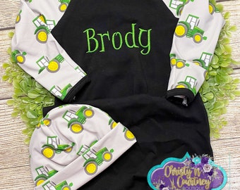 Newborn Baby Boy Gown and Hat Set, Farm Outfit, Tractor Gown and Hat, Personalized with Name, Coming Home Farm Baby Outfit