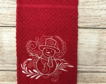 Embroidered Snowman Towel, Christmas Embroidered Hand Towel, Christmas Towel, Embroidered Winter Snowman KitchenTowel, Holiday Towel, Gift