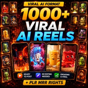 May include: A promotional graphic with the text "VIRAL AI FORMAT" and "1000+ VIRAL AI REELS." The image features cartoon characters and mockups of phone screens with animated content. Additional text includes "READY TO POST," "NO EDITING NEEDED," and "ENGAGING & VIRAL."