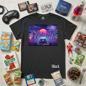 May include: Black t-shirt with a retro cityscape graphic and the text "CITY VIBES." The image is surrounded by nostalgic items like a Sega Genesis game cartridge, a Sony Discman, snacks, and a Tamagotchi.