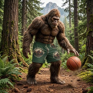 以下が含まれることがあります： 「Bigfoot Search Team」の文字とロゴが入った緑色のショートパンツを履いた、茶色で毛むくじゃらのビッグフットが、オレンジ色のバスケットボールを森の小道でドリブルしています。背景には高い木々と山があります。