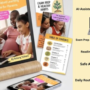 May include: An AI-Assisted Learning Guide for Parents digital book displayed on a tablet with a wooden stand, featuring a cover with a family using a laptop, alongside printed pages showing a table of contents and exam prep information.