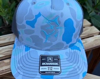 Marlin Blue Camo Trucker Hat – Embroidered Fish Design, Outdoor Adventure Cap