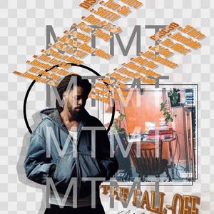 Puede incluir: Imagen promocional de un álbum titulado "The Fall Off" con un hombre con una chaqueta vaquera. La imagen incluye el texto "MTM" y una lista de títulos de canciones en naranja. El fondo es una cuadrícula transparente.