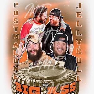 May include: A graphic featuring Post Malone and Jelly Roll, with the words "Post Malone" and "Jelly Roll" vertically on either side. The image includes the text "The Big Ass Stadium Tour" on a tire-like design.
