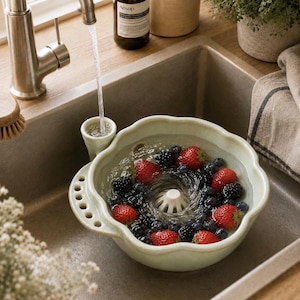 May include: A light green ceramic berry colander with a scalloped edge and a central drainage spout, filled with fresh strawberries and blackberries being rinsed under a stream of water from a stainless steel kitchen faucet.
