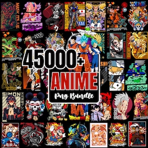 以下が含まれることがあります： 黒い背景に、アニメをテーマにしたPNG画像のコレクション。画像には、人気のアニメシリーズのさまざまなキャラクターとデザインが使用されています。「45000+ ANIME PNG Bundle」というテキストが中央に大きく表示されています。