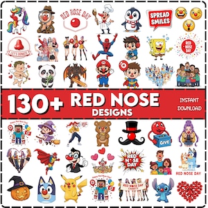Op de afbeelding: Een verzameling van meer dan 130 Red Nose Day-ontwerpen met stripfiguren, emoji's en tekst. De ontwerpen omvatten een eenhoorn, Spiderman, Mario, SpongeBob en Bluey. De tekst bevat "Spread Smiles" en "Let's Donate."