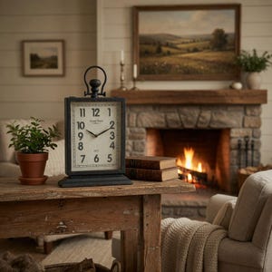 May include: A black rectangular clock with the words "Grand Hotel 1870" on the face. The clock sits on a wooden table with a small potted plant. A fireplace and artwork are in the background.
